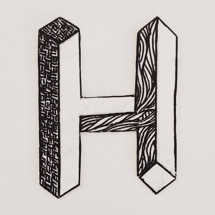 Lettre H dessinée à l'encre, remplie de motifs polynésiens